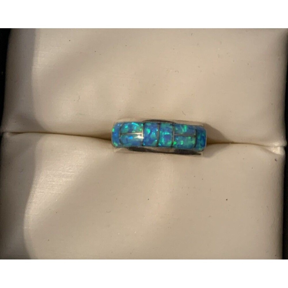 Vintage Nelson Garcia Sterling Silver Blue Fire Opal Inlay Ring Womans 8 Signed
